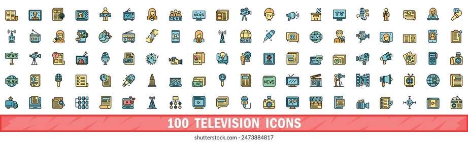 100 iconos de televisión. Conjunto de línea de color de iconos vectoriales de televisión línea fina de color plana en blanco