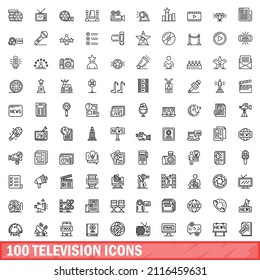 100 iconos de televisión. Ilustración de esquema de 100 iconos de televisión conjunto de vectores aislados en fondo blanco