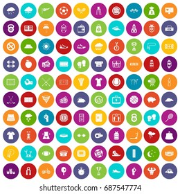 100 tennis icons set in different colors circle isolated vector illustration