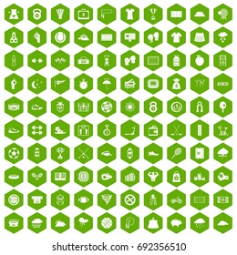 100 tennis icons set in green hexagon isolated vector illustration