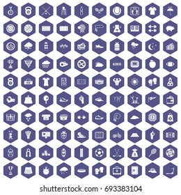 100 tennis icons set in purple hexagon isolated vector illustration