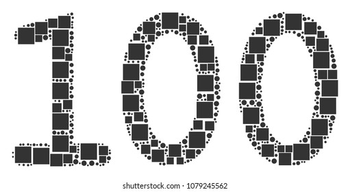 100 Text collage icon of squares and circles in various sizes. Vector objects are composed into 100 text mosaic design concept.