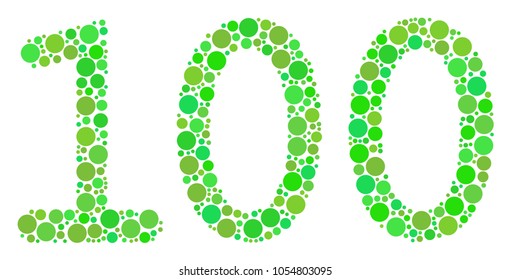 100 Text composition of circle elements in variable sizes and eco green color tones. Vector round elements are grouped into 100 text collage. Fresh design concept.