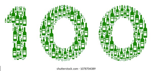 100 Text composition of wine bottles and circles in different sizes and green colors. Vector items are grouped into 100 text composition. Alcohol vector illustration.