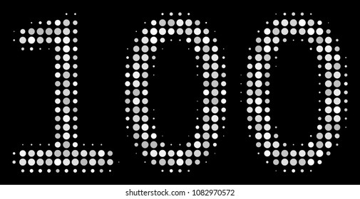 100 text halftone vector icon. Illustration style is dot iconic 100 text symbol on a black background. Halftone matrix is build of circle blots.