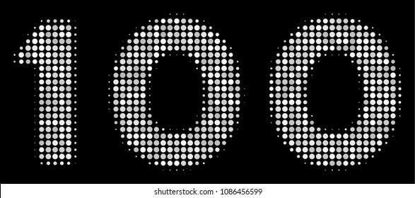 100 text halftone vector pictogram. Illustration style is dotted iconic 100 text icon symbol on a black background. Halftone texture is circle dots.