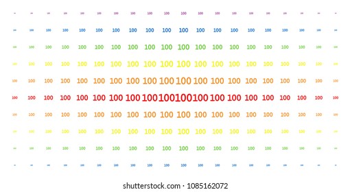 100 text icon rainbow colored halftone pattern. Vector 100 text shapes are organized into halftone array with vertical spectral gradient. Designed for backgrounds, covers,