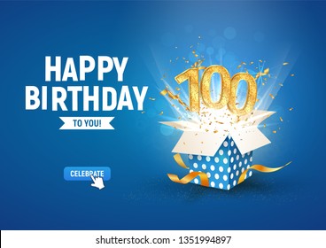 100 th years anniversary banner with open burst gift box. Template hundredth birthday celebration and abstract text on blue background vector illustration