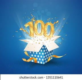 100 th years anniversary and open gift box with explosions confetti. Isolated design element. Template hundredth birthday celebration on blue background vector Illustration