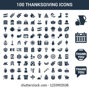 100 thanksgiving universal icons set with Thank you, Calendar, Jug, Chrysanthemum, Turkey, Fruit, Letter, Cloudy, Tree