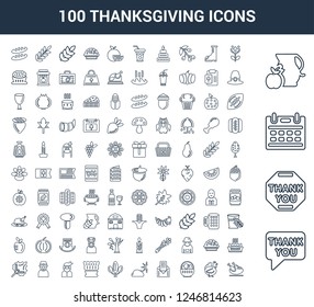 100 thanksgiving universal linear icons set with Thank you, Calendar, Jug, Chrysanthemum, Turkey, Fruit, Letter, Cloudy, Tree