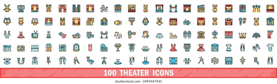 100 theater icons set. Color line set of theater vector icons thin line color flat on white