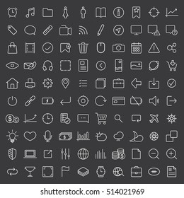 100 thin line universal icons set  of finance, marketing, shopping, weather, internet, user interface, navigation, media,  on dark background