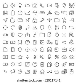 100 thin line universal icons set  of finance, marketing, shopping, weather, internet, user interface, navigation, media on white background