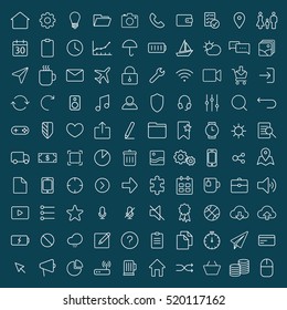100 thin line universal icons set  of finance, marketing, shopping, weather, internet, user interface, navigation, media on blue background