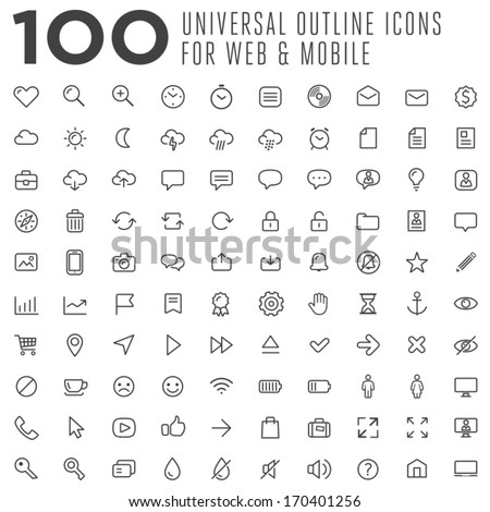 100 thin vector outline icons for web and mobile