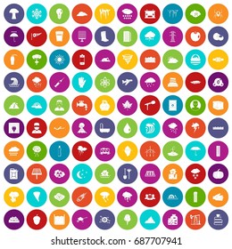 100 thunderstorm icons set in different colors circle isolated vector illustration