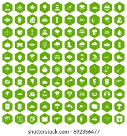 100 thunderstorm icons set in green hexagon isolated vector illustration