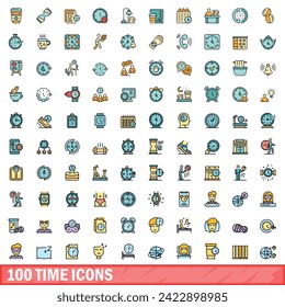 100 time icons set. Color line set of time vector icons thin line color flat on white