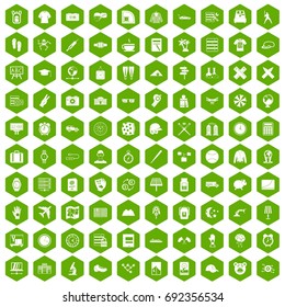 100 time icons set in green hexagon isolated vector illustration