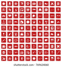 100 time icons set in grunge style red color isolated on white background vector illustration