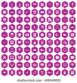 100 time icons set in violet hexagon isolated vector illustration