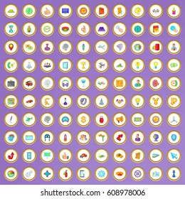 100 time management icons set in cartoon style on purple background vector illustration