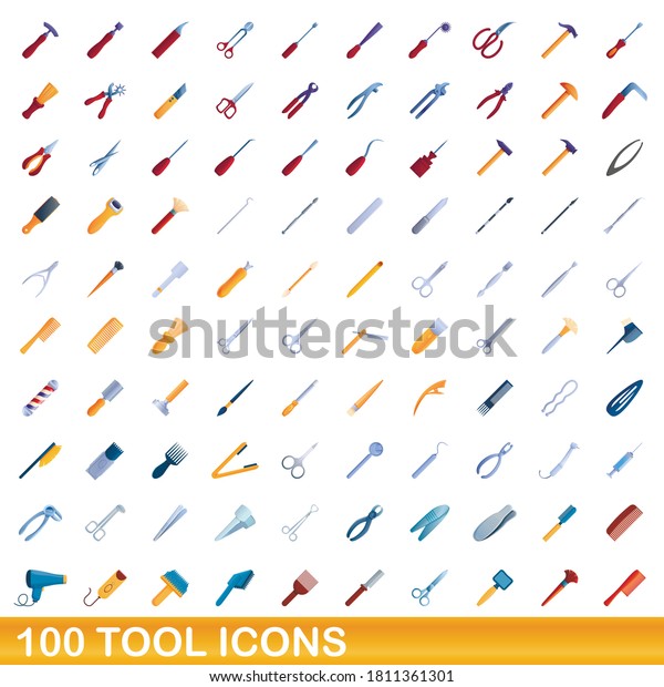100 tool icons set. Cartoon\
illustration of 100 tool icons vector set isolated on white\
background