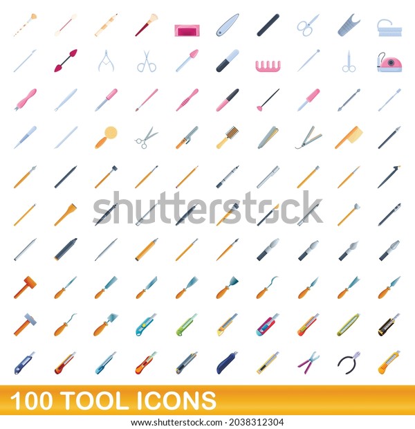 100 tool icons set. Cartoon\
illustration of 100 tool icons vector set isolated on white\
background