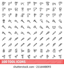 100 iconos de herramientas. Ilustración de esquema de 100 iconos de herramientas conjunto de vectores aislado en fondo blanco