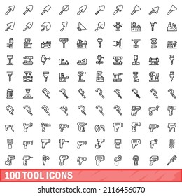 100 iconos de herramientas. Ilustración de esquema de 100 iconos de herramientas conjunto de vectores aislado en fondo blanco