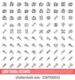 100 tool icons set. Outline illustration of 100 tool icons vector set isolated on white background