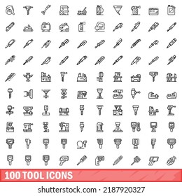 100 iconos de herramientas. Ilustración de esquema de 100 iconos de herramientas conjunto de vectores aislado en fondo blanco