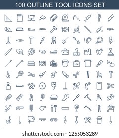 100 tool icons. Trendy tool icons white background. Included outline icons such as shovel, bucket, wrench hummer, trowel, binoculars, plowing tool. tool icon for web and mobile.