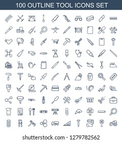 100 tool icons. Trendy tool icons white background. Included outline icons such as concrete mixer, soft box, vacuum cleaner, nail, ruler, share. tool icon for web and mobile.