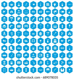 100 tools icons set in blue hexagon isolated vector illustration