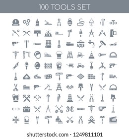 100 tools universal icons pack with Nuts and Bolts, Garage Screw, Wrench Nut, Repair Pliers, Cleaning Mop, Dustpan Brush, Painter Roller, Wrench, Open Paint Bucket, 