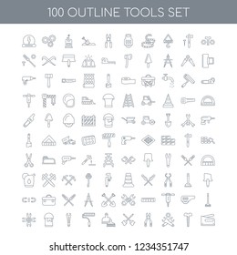 100 tools universal icons set with Nuts and Bolts linear, Garage Screw Wrench Nut Repair Pliers Cleaning Mop Dustpan Brush Painter Roller Open Paint Bucket linear