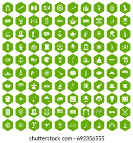 100 top hat icons set in green hexagon isolated vector illustration