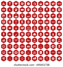 100 totalizator icons set in red hexagon isolated vector illustration