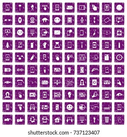 100 touch screen icons set in grunge style purple color isolated on white background vector illustration