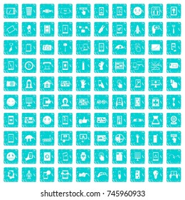 100 touch screen icons set in grunge style blue color isolated on white background vector illustration