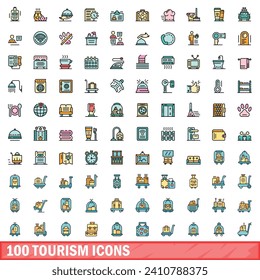 100 tourism icons set. Color line set of tourism vector icons thin line color flat on white