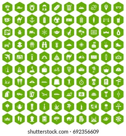 100 tourism icons set in green hexagon isolated vector illustration