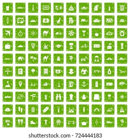 100 tourism icons set in grunge style green color isolated on white background vector illustration