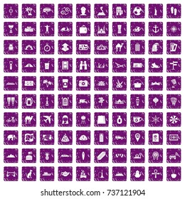 100 tourism icons set in grunge style purple color isolated on white background vector illustration