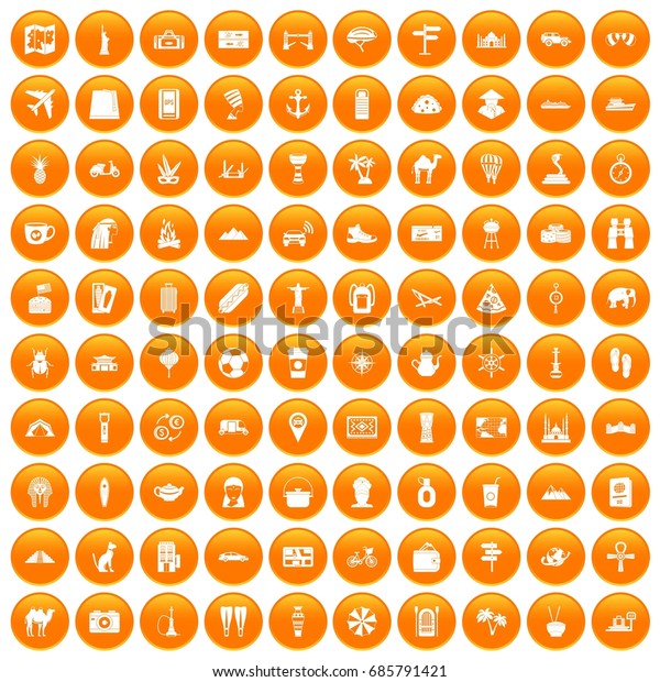 100 tourism icons set in orange circle\
isolated on white vector\
illustration