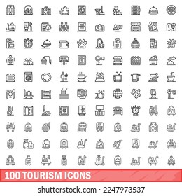 100 íconos de turismo. Ilustración de esquema de 100 iconos de turismo conjunto de vectores aislado en fondo blanco