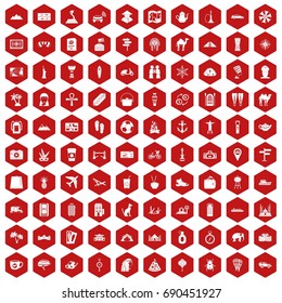 100 tourism icons set in red hexagon isolated vector illustration