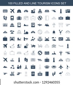 100 tourism icons. Trendy tourism icons white background. Included filled and line icons such as tent, umbrella, flip flops, passport, Money case. tourism icon for web and mobile.